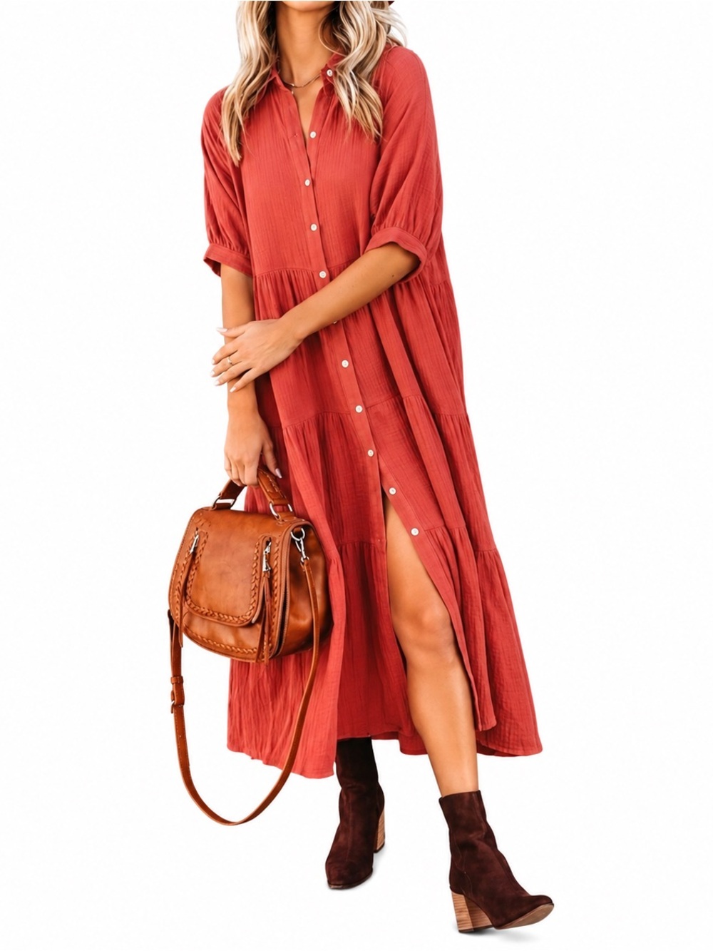 R. Vivimos Women Midi Dress Size S Rust Orange Button Front Tiered Short Sleeve